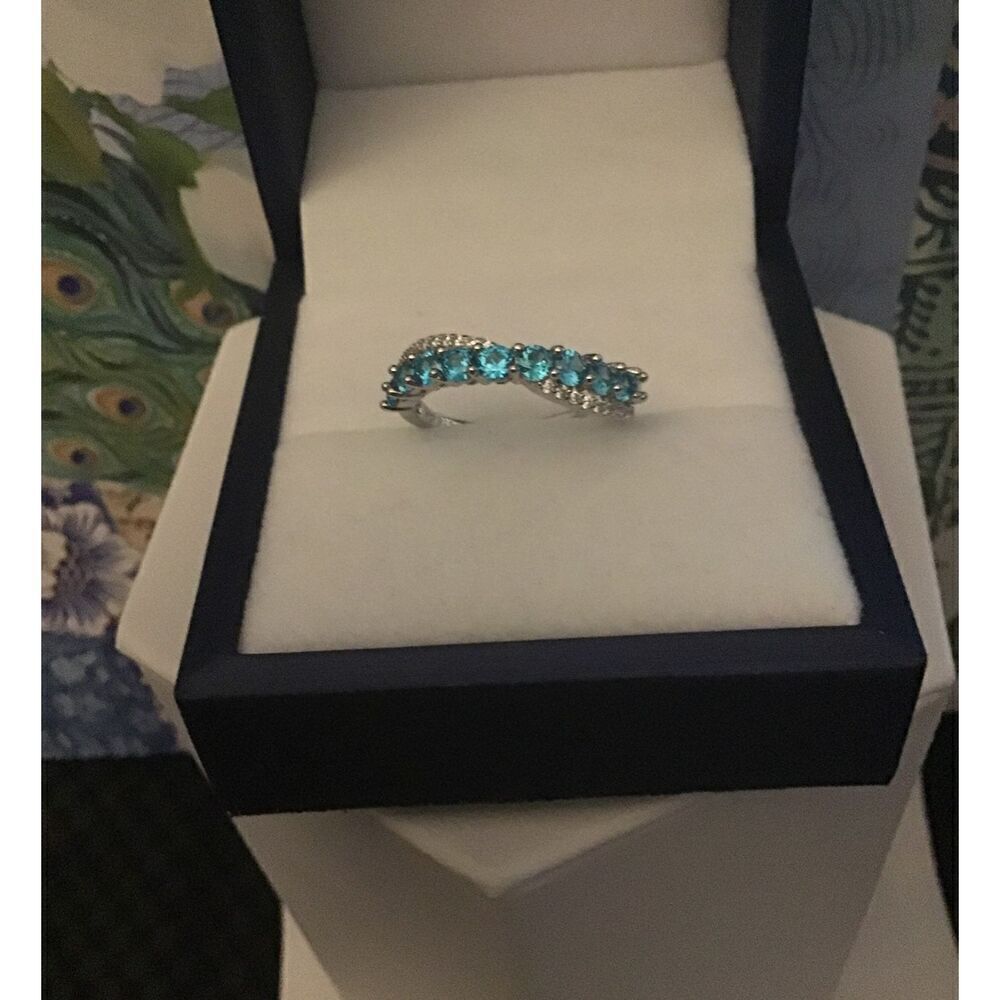 Sparkling Blue & White Topaz Crossover Infinity Band Ring Sz 8~.925 Sterling
